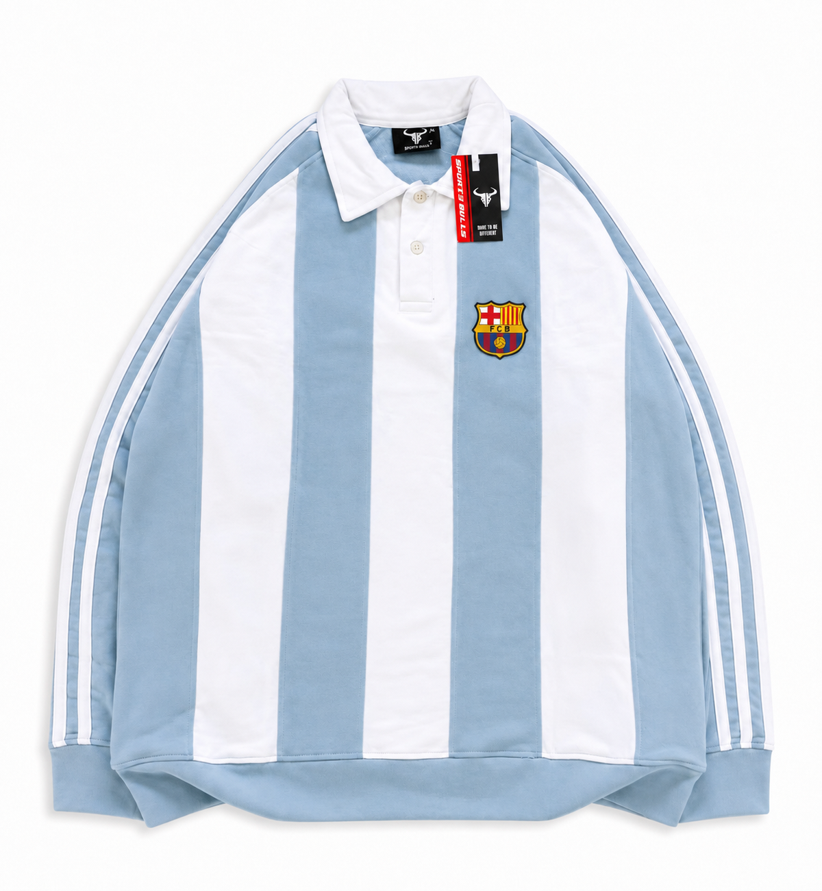 BLUE-WHITE STRIPE POLO FULL SLEEVE T SHIRT- EMBROIDERY