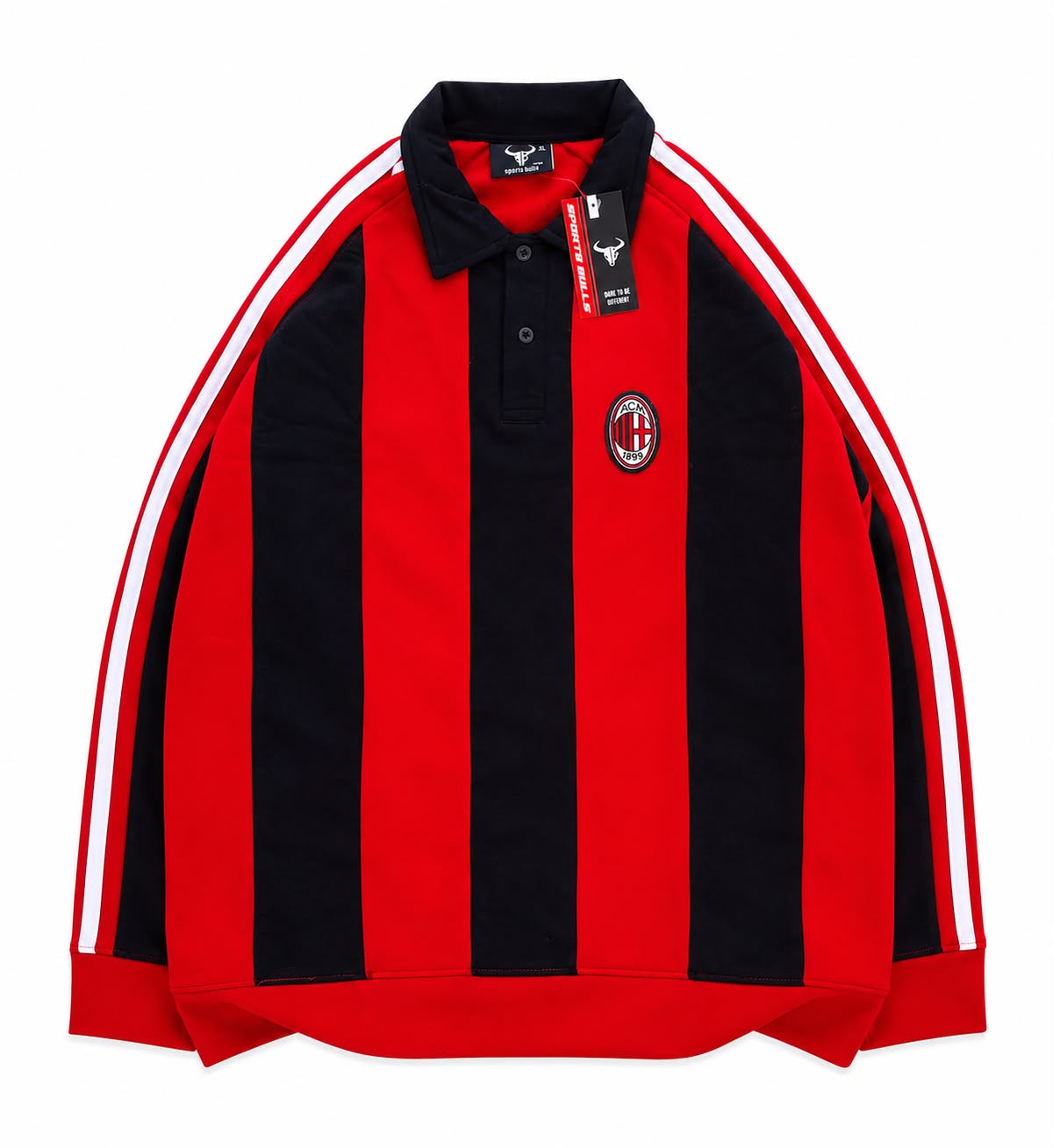 AC MILAN RED-BLACK STRIPE POLO FULL SLEEVE T SHIRT- EMBROIDERY