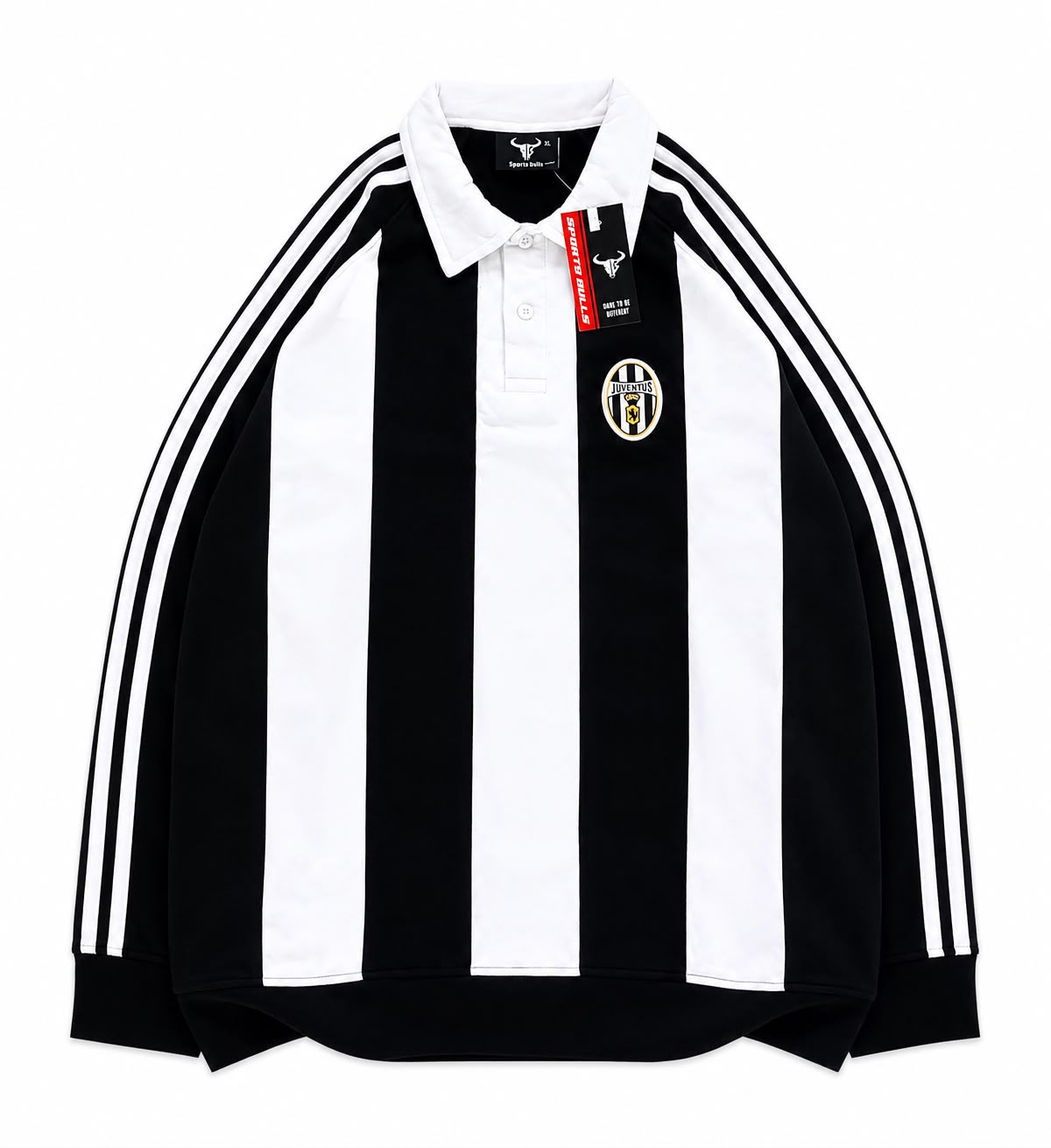 JUVE BLACK-WHITE STRIPE POLO FULL SLEEVE T SHIRT- EMBROIDERY